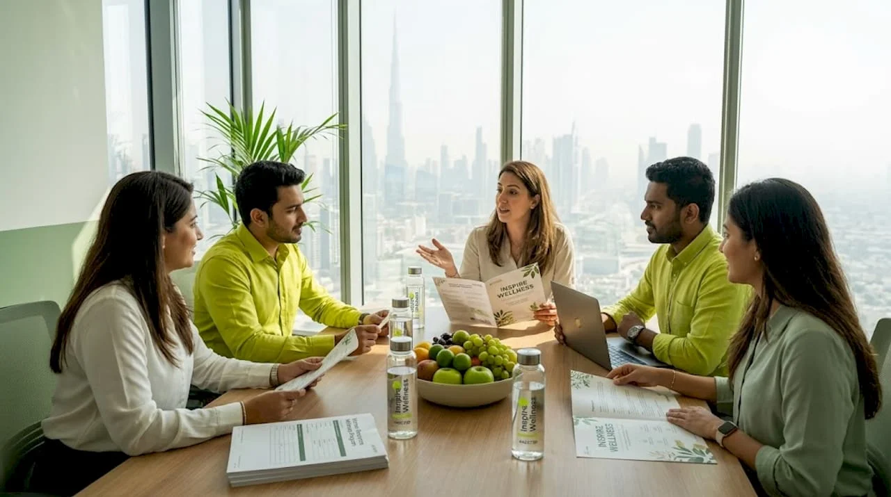 Diverse team meeting about wellness in UAE office