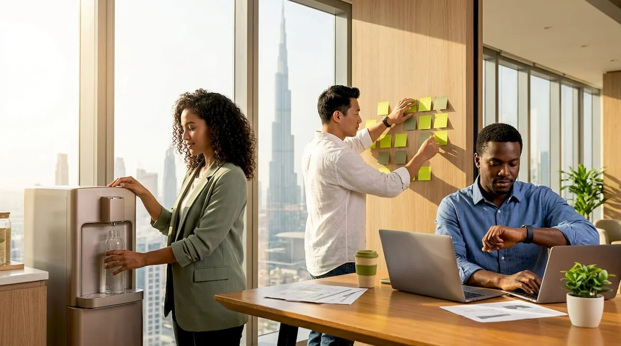 Diverse UAE office workers practicing wellness