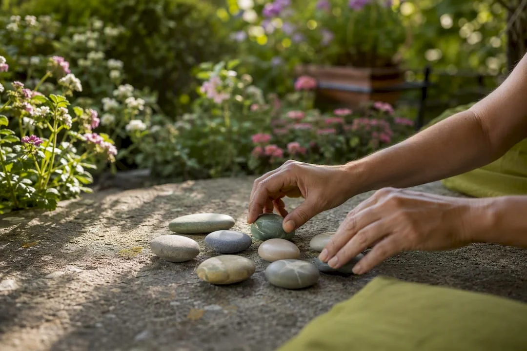 Hands arranging mindful tokens during team ritual